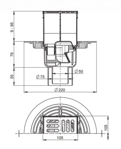 APV2321 Сливной трап 105 × 105/50/75, подводка – прямая, решетка – нержавеющая сталь, гидрозатвор Alca Plast в Тимашёвске